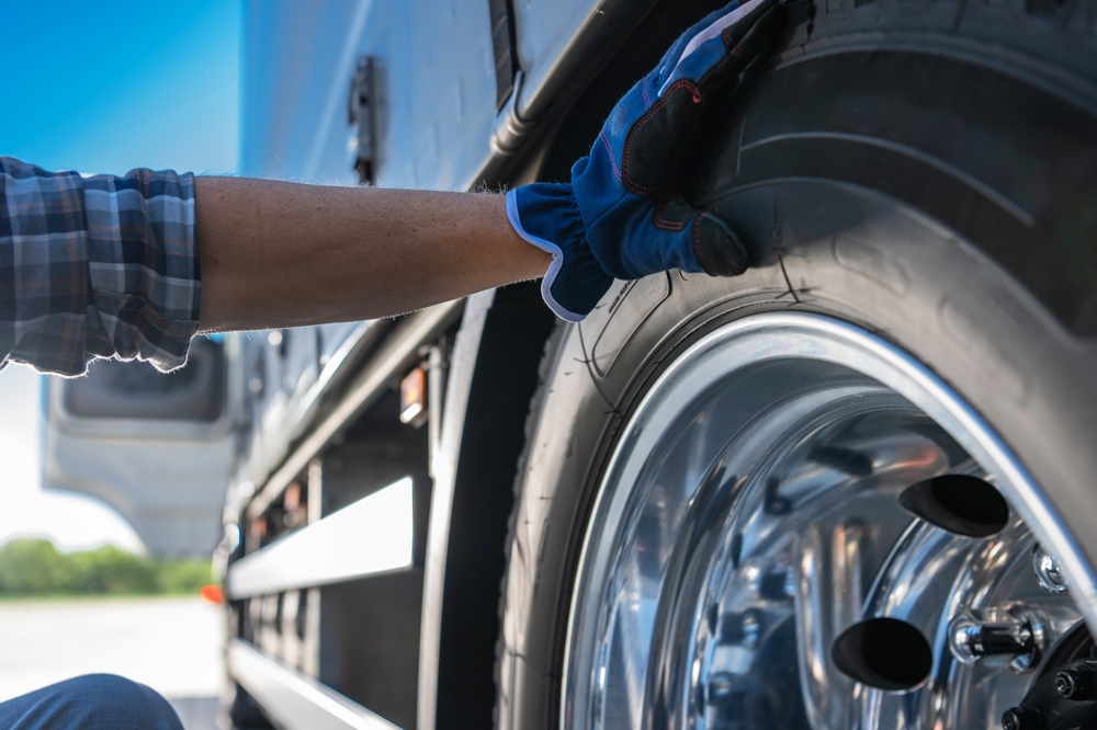 Caucasian,professional,trucker,examining,semi,truck,tire,close,up,photo